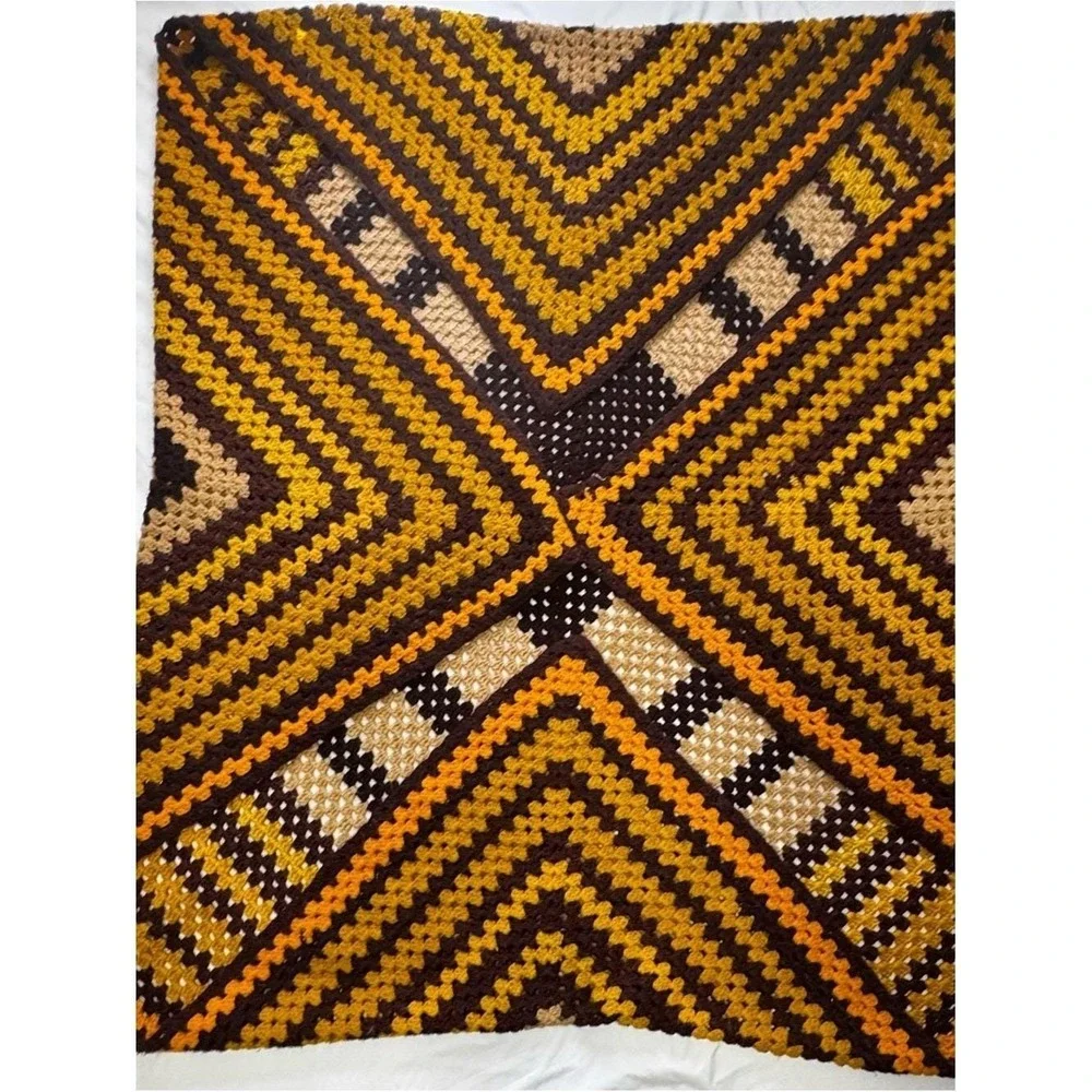VTG 70s Crochet Afghan Handmade Brown Orange Yellow Band Van Basement Throw